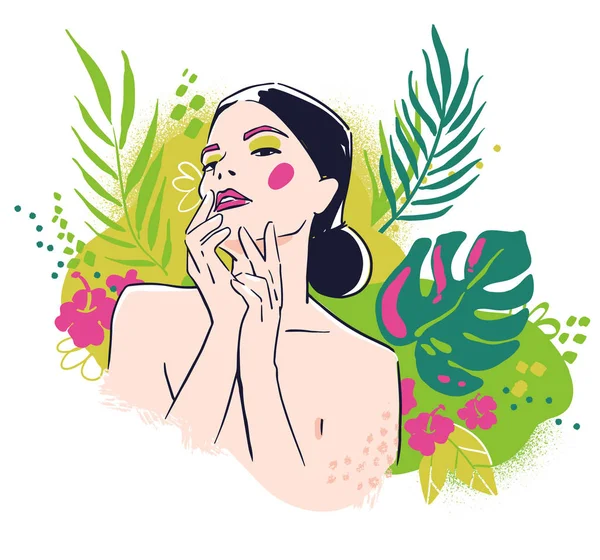 Retrato de belleza, mujer en el fondo floral ilustración de moda — Archivo Imágenes Vectoriales