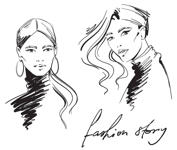 Fashion illustration. portrait of  women wearing turtleneck — 스톡 벡터