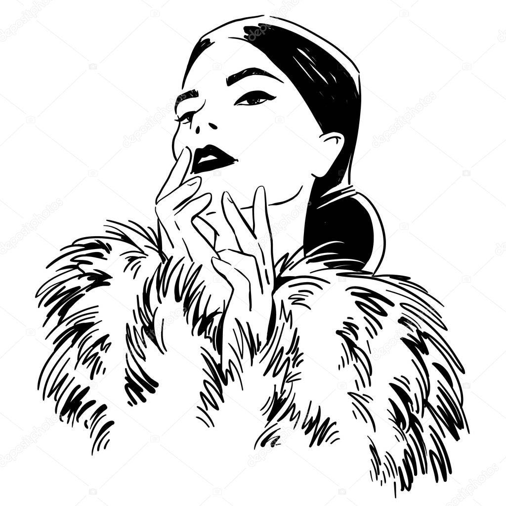 fashion illustration. portrait of  woman wearing furcoat
