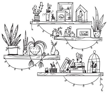 Hand drawn bookshelves with books, houseplants and little souvenirs