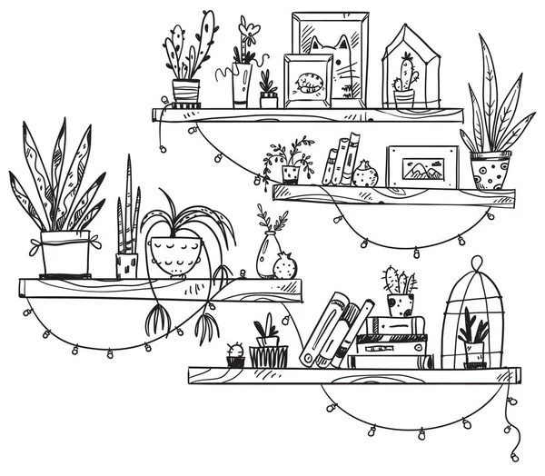 Étagères dessinées à la main avec livres, plantes d'intérieur et petits souvenirs — Image vectorielle