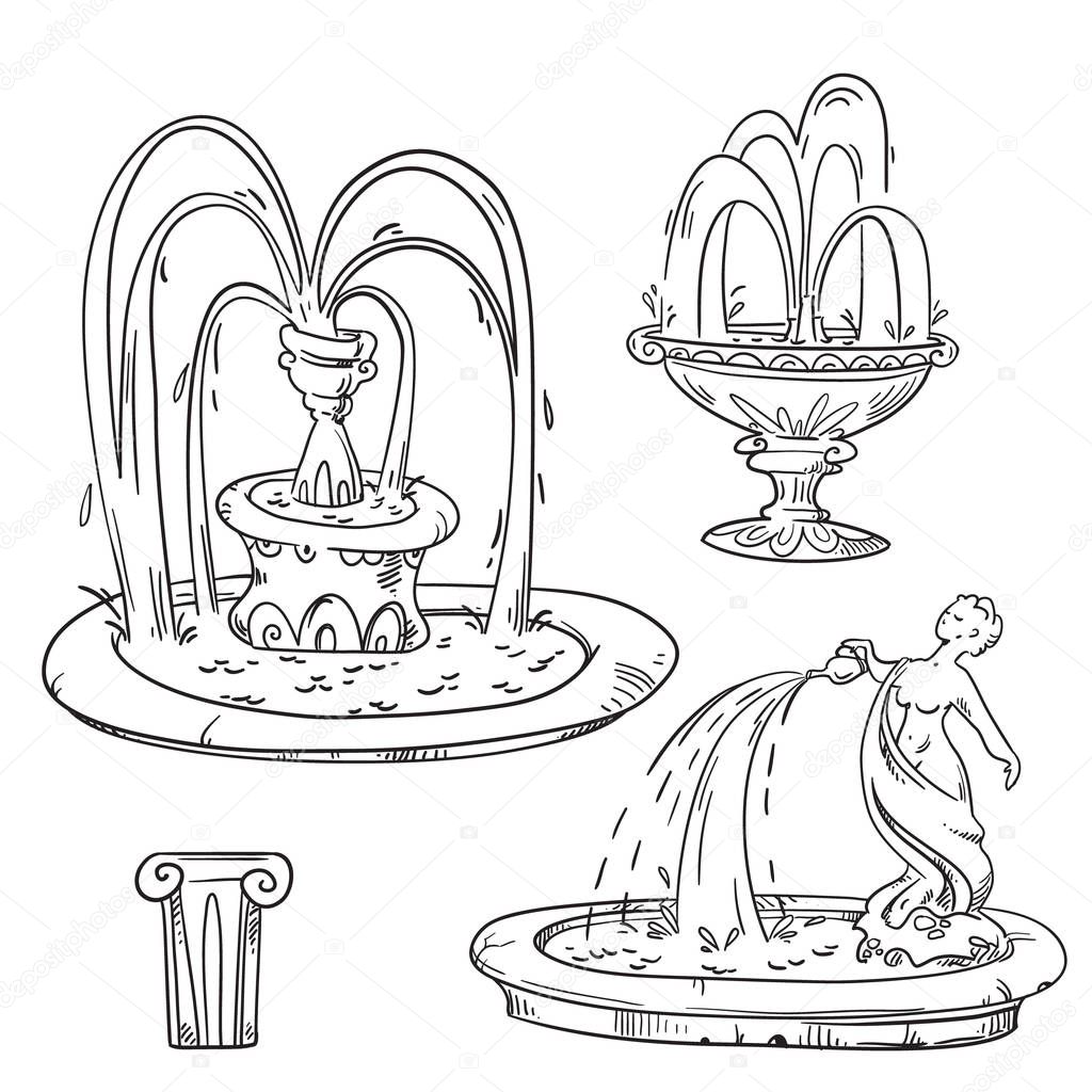 Set of outdoor vintage fountains, vector sketch. 