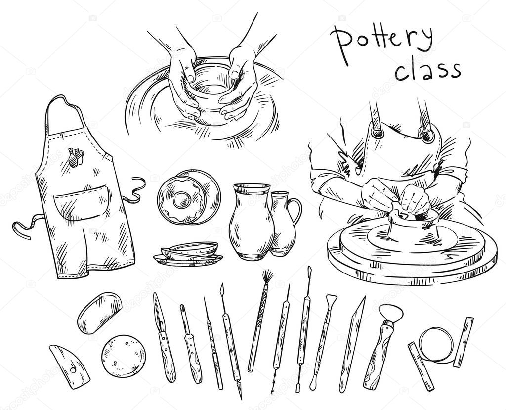 Pottery class. Tools and instruments for pottery making, potter'