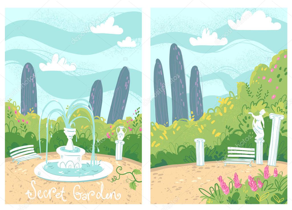 Cosy secret garden with fountain and antique columns, vector illustration