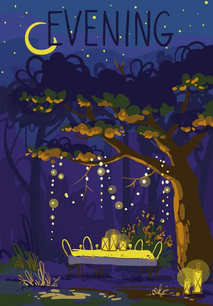 Hangulatos este egy nyári kertben, vacsora kívül illusztráció — Stock Vector