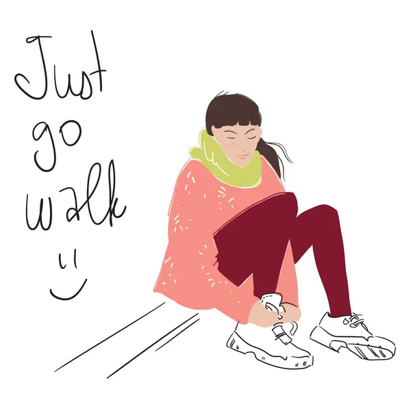 Vai a pé! Ilustração de moda de uma jovem mulher sentada laci — Vetor de Stock