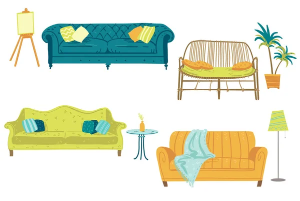 Conjunto de cuatro sofás y elementos de decoración para el hogar, muebles. Vector enfermo — Vector de stock