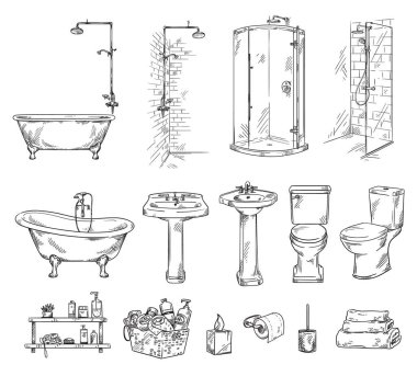 Banyo eşyaları küvet, duş, lavabo ve klozet.. 