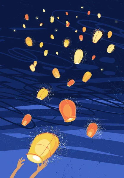 Dejando fuera faroles chinos en el cielo nocturno, vector illustra — Vector de stock