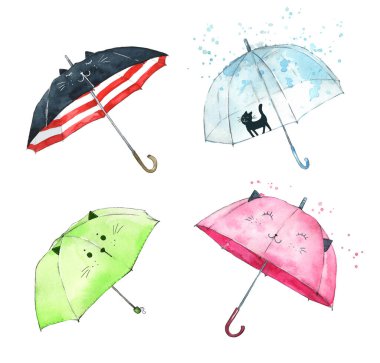 Bir dizi suluboya el resmi Kedi yüzlü şirin şemsiyeler