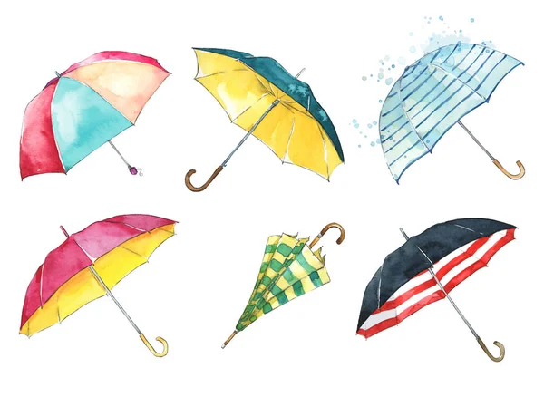 一套水彩画手绘彩色雨伞 — 图库照片