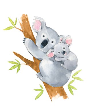 Ağacın içinde tatlı bir koala ailesi, suluboya çizimi. 