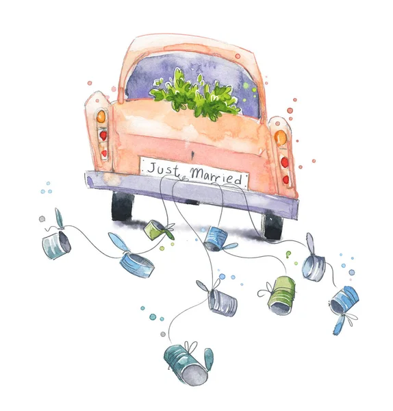 Cute Watercolor Car Just Married Sign Wedding Travel — Stock Photo, Image