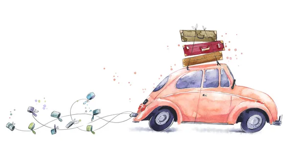 Söt Akvarell Bil Med Nygift Bröllopsresa — Stockfoto