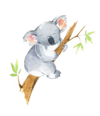 Ağaçta oturan tatlı koala, suluboya çizimi. 