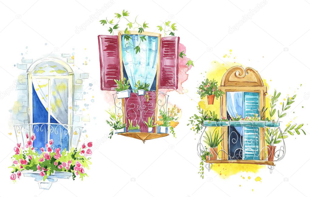 set of cute watercolor balconies decorated with flowers, architecture detail. 