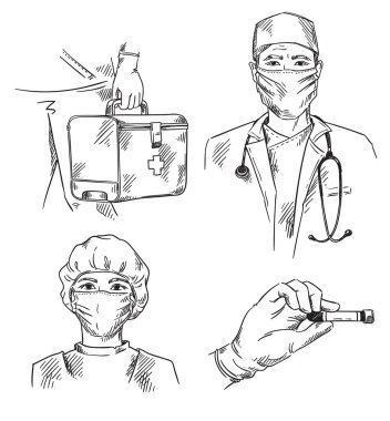İlaç temalı ikonlar: maske takan doktor ve hemşire, kan testi ve ambulans ilk yardım çantası ile el. 