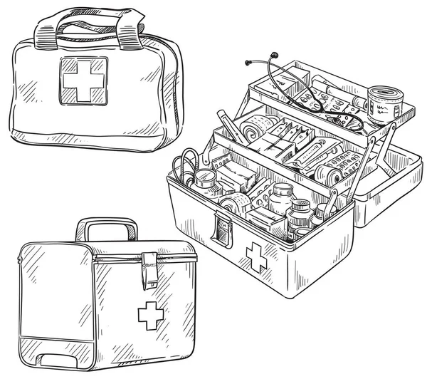 Set Forst Aid Kits Line Art Vector Sketch — Stock Vector