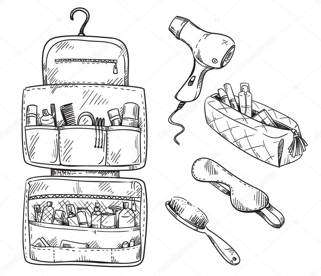 Beauty travel kit wash bag, set of travel necessities. Vector sketch.