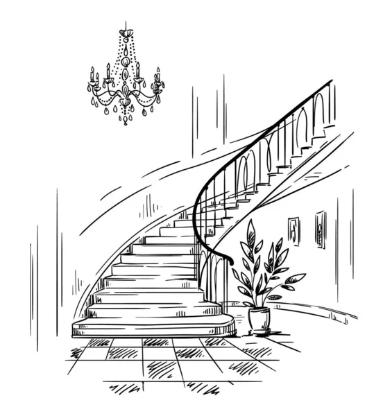 室内设计 宽敞的大厅和楼梯绘图向量 — 图库矢量图片