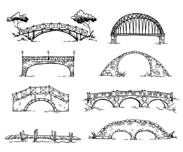 set of various hand drawn bridges, vector sketch 