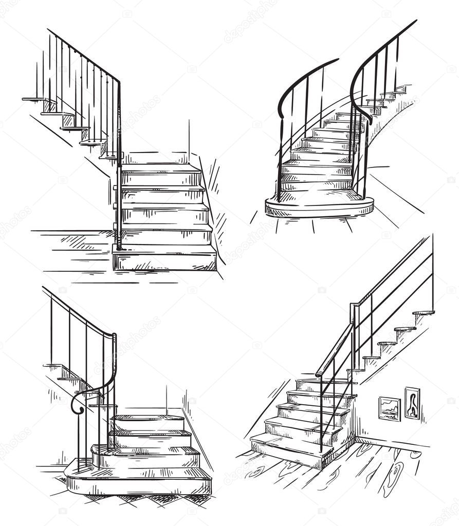 set of vector hand drawn staircases, interior design element. 