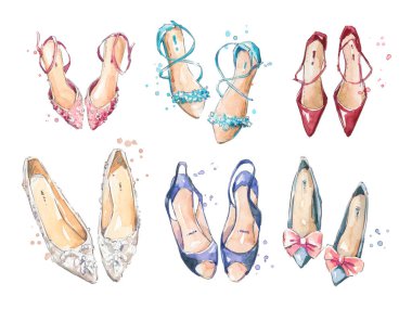 Set of watercolor hand painted shoes, fashion illustration clipart