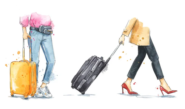women with wheeled suitcases walking. Watercolor  luggage illustration