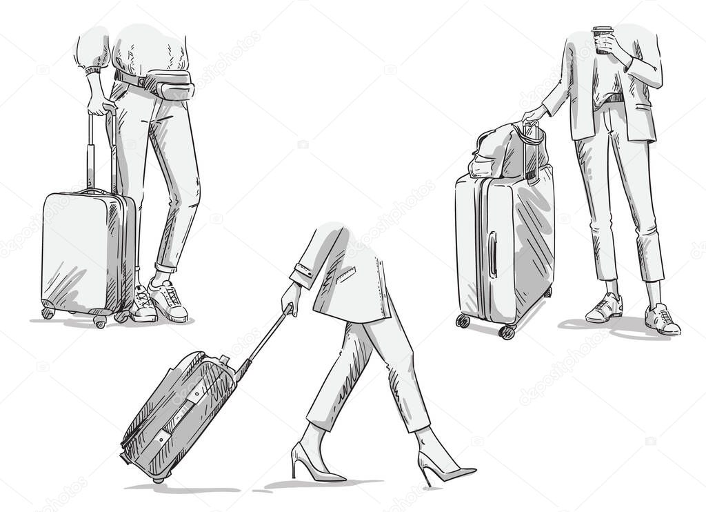 women travelling with wheeled suitcases, walking. Vector luggage illustration