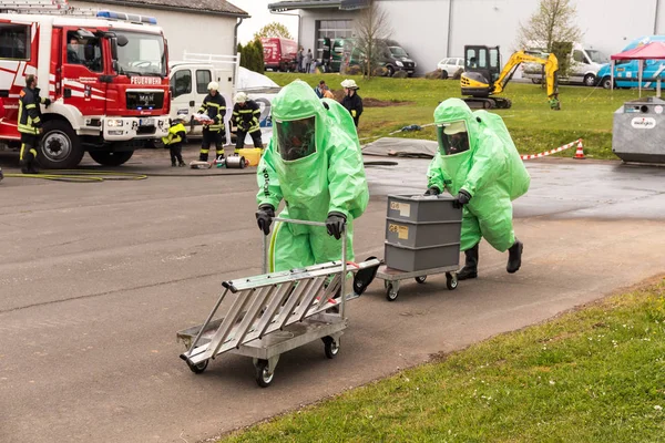 stock image BLEIALF, GERMANY, MAY 7, 2017 - Fireman demonstrate how to handle hazardous material - public demonstration