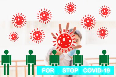Covid 19 virüsünü durdurmak için insan denetimi ya da insan ticareti. Covid 19 ya da Corona korunması sosyal mesafeli dünya için koruma sağlar ve insanlar virüs uyarısını durdurur.