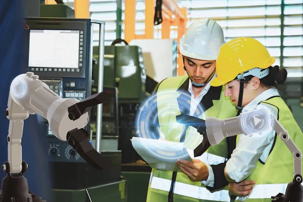 Asian Male Engineer Factory Inspection Computer Control Hand Robot Machine — Stock Photo, Image