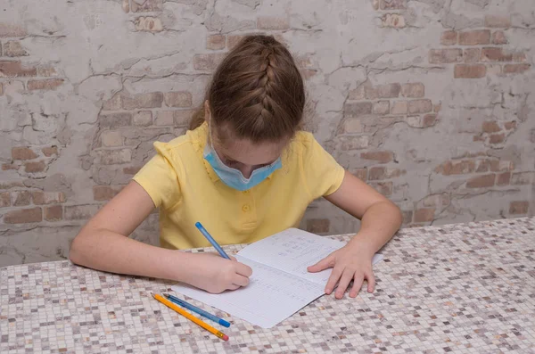 Schoolgirl Yellow Polo Medical Mask Home Quarantine Self Isolation Does — Stock Photo, Image