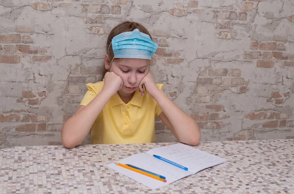 Schoolgirl Yellow Polo Medical Mask Home Quarantine Self Isolation Does — Stock Photo, Image