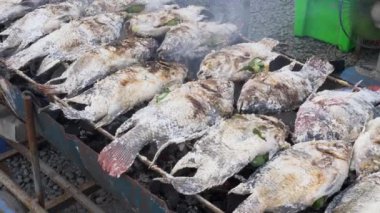 Tuzlu balığın barbeküde nasıl kızardığını yakından çek.