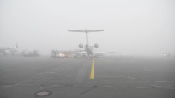 Technische inspectie van vliegtuigen tijdens quarantainetijd in mist — Stockvideo