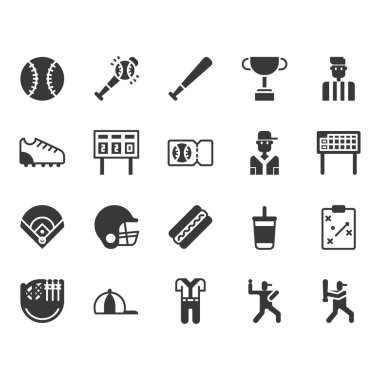 Beyzbol ekipmanları ve etkinlik simgesi ve sembol seti