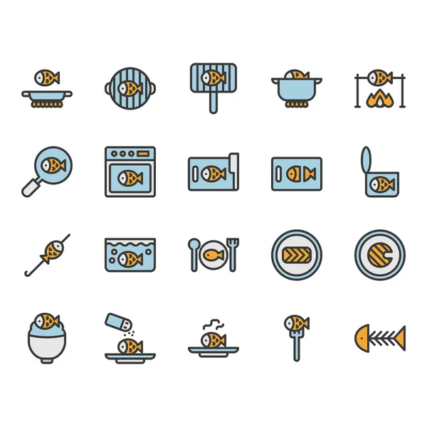Fisch Kochen und Essen bezogene Symbol und Symbol-Set — Stockvektor