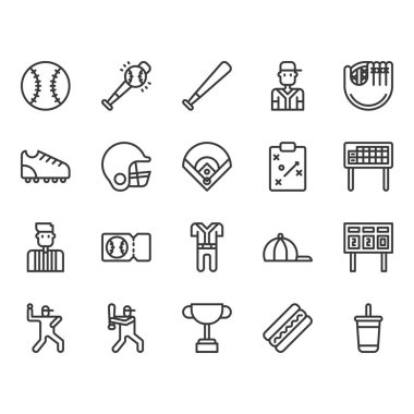 Beyzbol ekipmanları ve etkinlik simgesi ve sembol seti