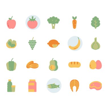 Düz dizaynda meyvelerle ilgili simge ve sembol