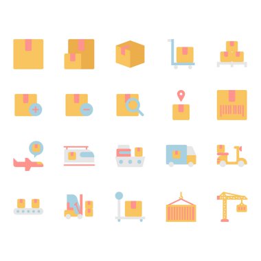 Paket teslimatı ve lojistik ilgili simge ve sembol seti