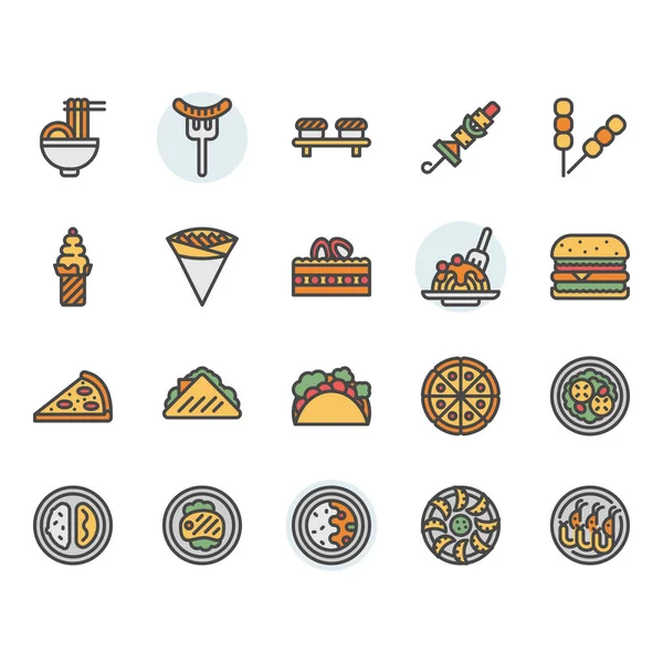 Icône alimentaire internationale et symbole mis dans la conception de contour de couleur — Image vectorielle