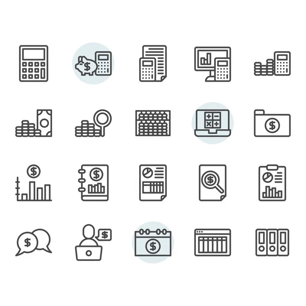 Icono y símbolo relacionados con la contabilidad establecidos en el diseño del esquema — Vector de stock
