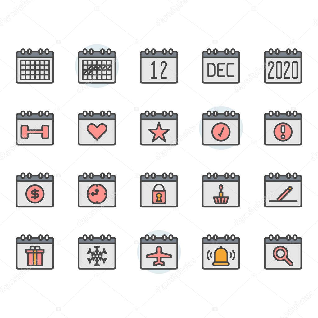 Calendar icon and symbol set in color outline design