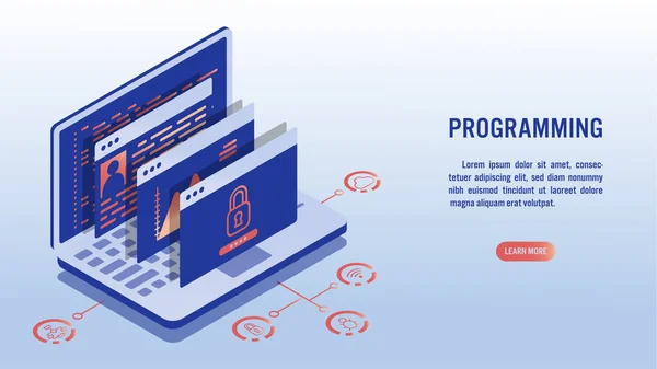 软件开发 编程和数据分析概念 屏幕笔记本电脑 用户界面及相关图标上的编程语言编码 等量矢量图解 — 图库矢量图片#