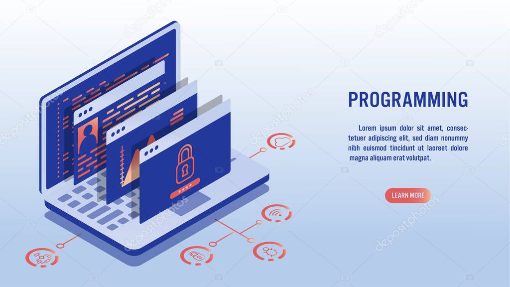 Software development , Coding , Programming and Data Analysis concept. Programming language coding on screen laptop and User interface and related icon. Isometric vector illustration