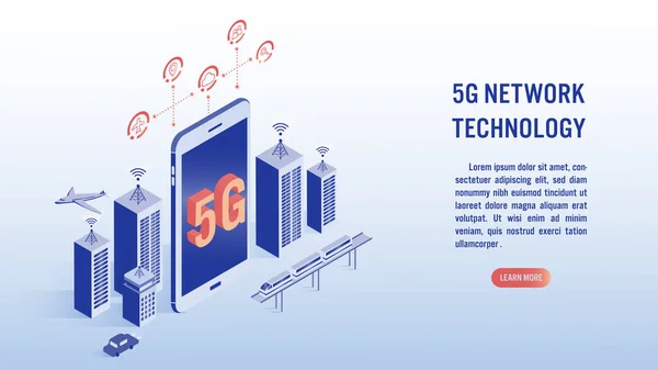 5G网络无线技术 高速互联网的概念 智能城市或智能建筑 火车和大字5G屏幕移动及相关图标 等量矢量图解 — 图库矢量图片