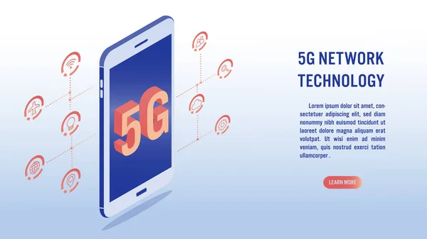 5G网络无线技术 高速互联网的概念 屏幕移动及相关图标上的大写字母5G 等量矢量图解 — 图库矢量图片