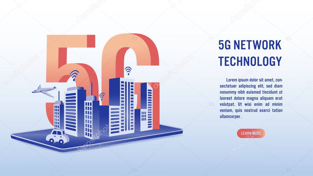 5G network wireless technology, high-speed internet concept. Smart city or intelligent building and Big letters 5g on screen mobile. Perspective vector illustration