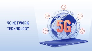 5G ağ kablosuz teknolojisi, yüksek hızlı internet konsepti. Küresel, mobil ve ilgili ikona 5G harfleri. 3d vektör illüstrasyonu